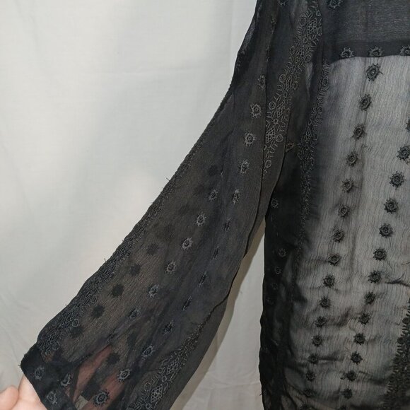 OLIVE AND OAK, BLACK SHEER, FLORAL EMBROIDED PEASANT TOP, SIZE MEDIUM - Picture 6 of 7